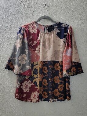 Johnny Was Sz M Leo Patchwork Silk Blouse Womens Floral Boho Top Jade Shirt